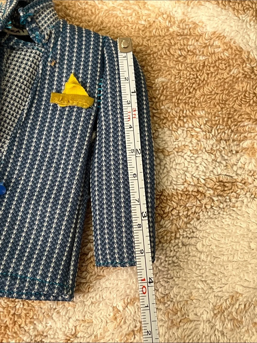 Blue Patterned Kids Doll Jacket with Yellow Pocket Accent